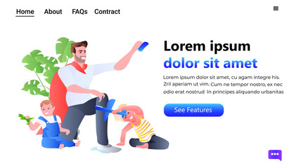 young father playing with little children at home fatherhood parenting happy father's day concept