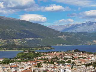 ioannina city view from pine tree forest in spring season greece