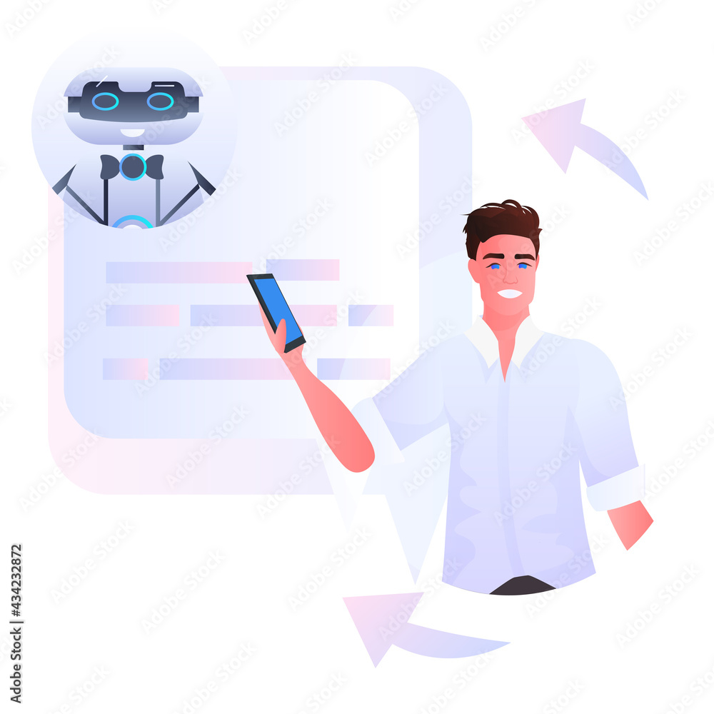 Poster man discussing with robot chatbot assistant in mobile messenger app artificial intelligence concept