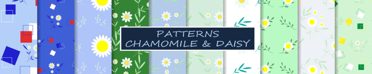 Fototapeta na wymiar Chamomile or daisy pattern. A big set of endless floral patterns. Repeating spring background for textile, fabric, cloth, wallpaper. Cube, abstraction for children, kid and baby. Vector illustration