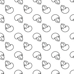 Skulls and bones seamless pattern. Black and white hand drawn doodle background for halloween and dia de los muertos. Prohibiting danger sign. Rock and roll symbol. Stock vector illustration.