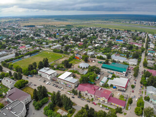 Aerial view of the stadium and central market (Sovetsk, Kirov region, Russia)