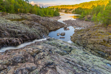 Girvas waterfall during low water in Karelia, Russia
