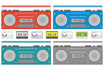 ラジカセとテープのベクターイラストのセット