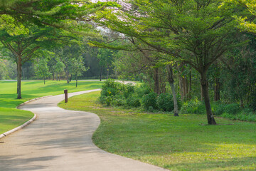 pathway and beautiful trees track for running or walking relax in the park on green grass field on the side of the golf course