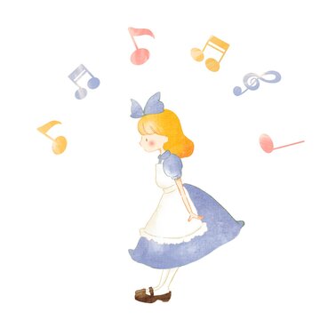 Alice's teatime with girl and music notes
