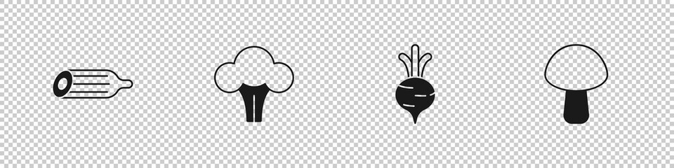 Set Fresh cucumber, Broccoli, Beet and Mushroom icon. Vector
