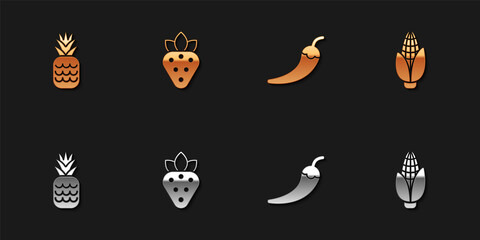 Set Pineapple, Strawberry, Hot chili pepper pod and Corn icon. Vector