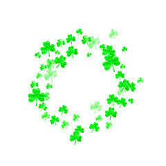 Shamrock background for Saint Patricks Day. Lucky trefoil confetti. Glitter frame of clover leaves.. Template for special business offer, banner, flyer. Celtic shamrock background.