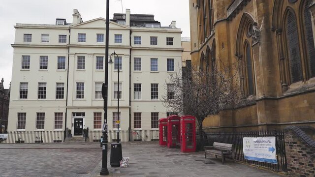 London - Empty Streets - Red phone boxes at Byng Place and Euston Church, University College London (Covid-19 Pandemic, April 10, 2021)