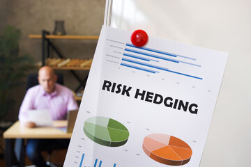 Business concept meaning RISK HEDGING with inscription on the printout with diagrams and tables. A...