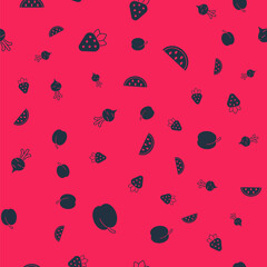 Set Plum fruit, Strawberry, Beet and Watermelon on seamless pattern. Vector