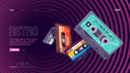 Retro mixtapes cartoon landing page with audio mix tapes falling into hypnotic pattern. Cassettes, media or music store ad in vintage style, analog multimedia devices, Vector illustration