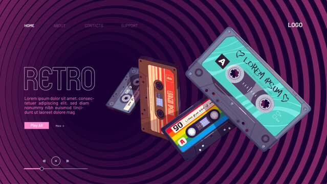 Retro mixtapes cartoon landing page with audio mix tapes falling into hypnotic pattern. Cassettes, media or music store ad in vintage style, analog multimedia devices, Vector illustration