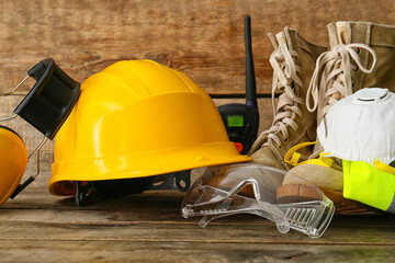 Safety equipment on wooden background