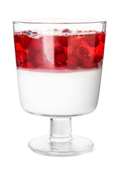 Glass of tasty cranberry jelly on white background