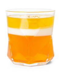 Glass of tasty fruit jelly on white background