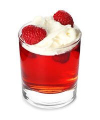 Fototapeta na wymiar Glass of tasty raspberry jelly on white background