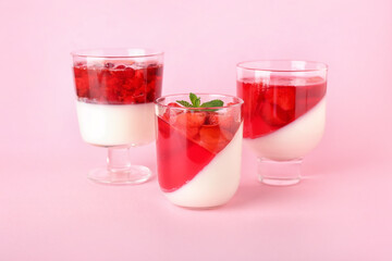 Glasses of tasty jelly on color background
