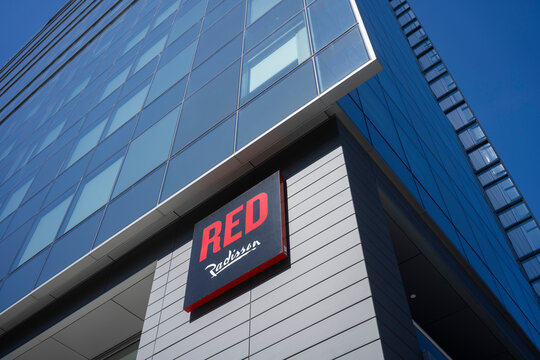 Portland, OR, USA - May 16, 2021: The Radisson Red Hotel in downtown Portland, Oregon. Radisson Red is an upscale hotel brand targeted to guests with an "ageless millennial mindset."