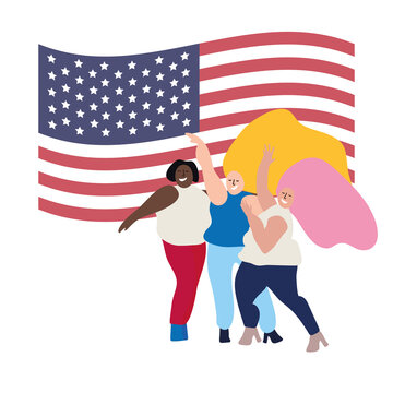 Women of different nationalities: Latin, African-American, European-against the background of the American flag. Women's month. Equality of floors. Feminism. Memorial Day. July 4.