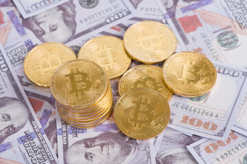 Virtual Coins Bitcoins On DUS dollar banknote background