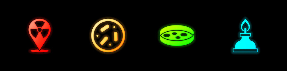 Set Radioactive in location, Petri dish with bacteria, and Alcohol or spirit burner icon. Vector