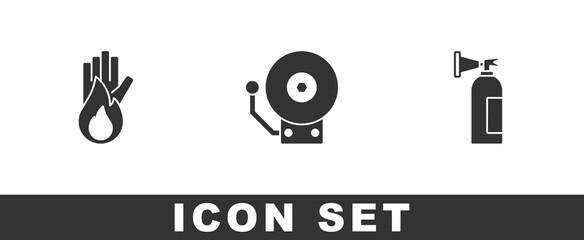 Set No fire, Ringing alarm bell and Fire extinguisher icon. Vector
