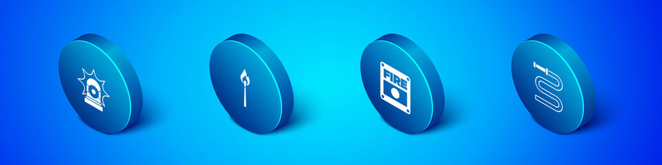 Set Isometric Flasher siren, Fire alarm system, hose reel and Burning match with fire icon. Vector