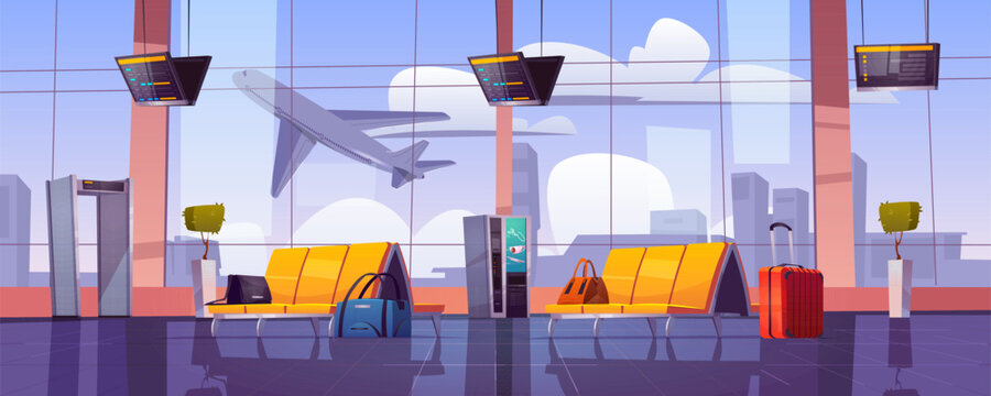 Airport Waiting Room With Airplane Take Off From Runway Window View. Empty Terminal Interior With Chairs, Luggage, Security Scanner And Schedule Display. Departure Area, Cartoon Vector Illustration