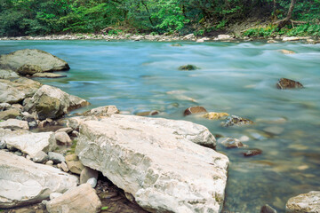 Fototapeta na wymiar The mountain river Khosta with boulders, stones and pebbles on its sides in springtime. Clear green water of the burly creek in yew-boxwood grove park in Sochi, Adler district, Russia.