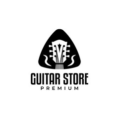 Guitar logo with the basic shape of a guitar pick and a guitar headstock in the inside, perfect for any musical instrument store or anything related to guitar and music.