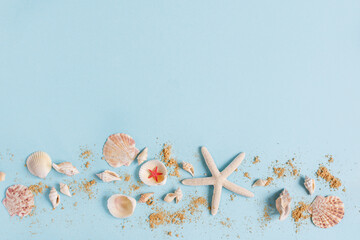 Seashells and beach sand on blue background top view.