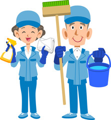 清掃用具を持ったシニアの清掃作業員の男性と女性
