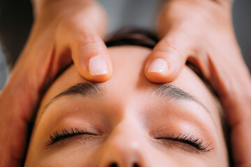 CST therapist Massaging Woman’s Head. Craniosacral Therapy Massage.