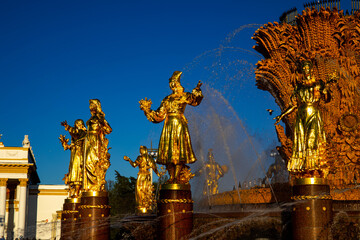 Fototapeta premium the Friendship of Peoples fountain at VDNH. exhibition of achievements of the national economy. russia moscow. a large beautiful fountain in gold symbolizing the friendship of the peoples of the USSR 