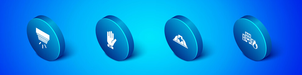 Set Isometric Smoke alarm system, Firefighter helmet, in burning buildings and gloves icon. Vector