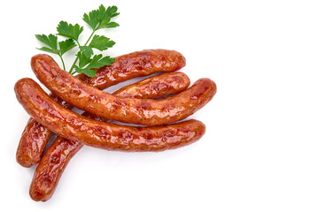 Grilled Hot dog sausages, isolated on white background. High resolution image