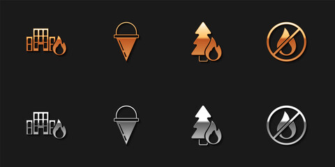 Set Fire in burning buildings, cone bucket, Burning forest tree and No fire icon. Vector
