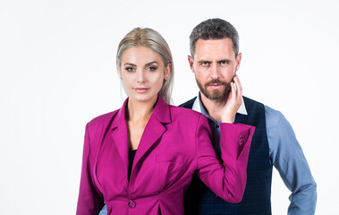 blonde woman in pink jacket atouch man. businesspeople. businessman and girl