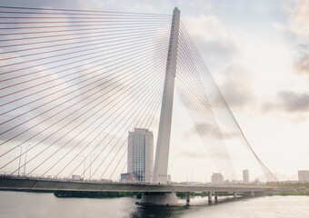 Modern cable-stayed bridge across the river at sunset