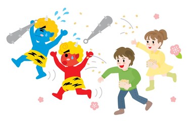 節分に豆まきをする子供たちと逃げる鬼