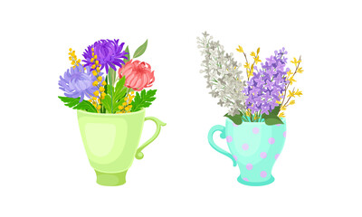 Bouquet of Blooming Flowers in Ceramic Vase with Handle Vector Set