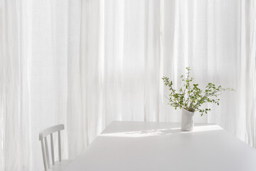 Vase with green plant in white room. Bunch of green plants in ceramic vase placed on table in room with white interior illuminated by sunlight