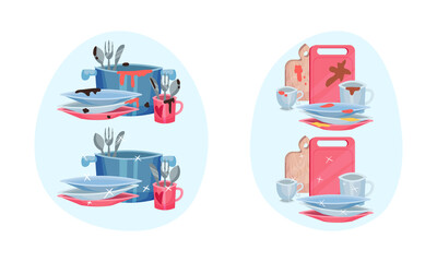 Pile of Clean and Dirty Dishes and Utensils Rested in Sink Vector Set