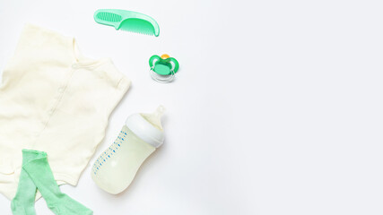 Child birth. Accessories for newborn. items for feeding and caring for kids. Baby background. infant formula powdered baby milk