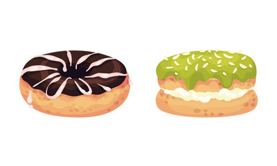 Sweet and Yummy Creamy Doughnut and Choux Pastry Dessert with Sugar Glaze on Top Vector Set