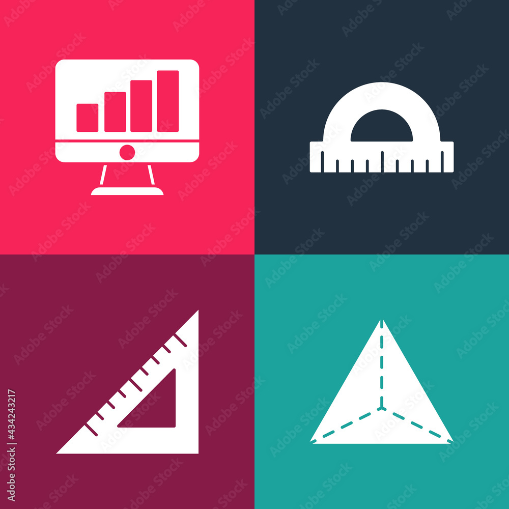Poster set pop art geometric figure tetrahedron, triangular ruler, protractor and computer monitor with gra