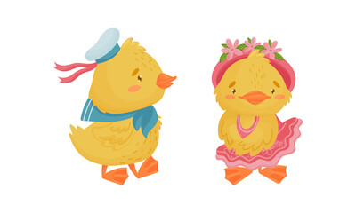 Cute Yellow Duckling in Peakless Cap and Dress Vector Set