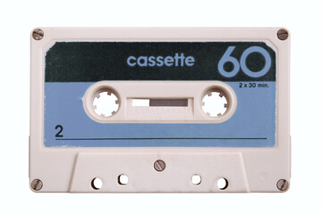 Vintage retro cassette tape on blue background, gadgets for The 70-80-90's